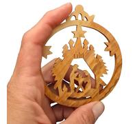 Lunexus Ciondolo in legno d'ulivo per presepe - realizzato a mano in Betlemme - Beato albero di Natale e etichetta regalo della Terra Santa - Include nastro in oro e argento con chiusura e certificato