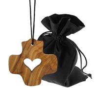 Lunexus Collana a croce in legno d'ulivo con scollo a cuore realizzato a mano in Betlemme, con cordoncino da 80 cm, colore marrone naturale, circa 6,5 x 6,5 cm, con sacchetto di velluto e certificato