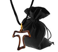 Lunexus Collana a forma di croce in legno d'ulivo traforato a mano in Betlemme benedetto con certificato marrone naturale con cordoncino nero, set regalo con sacchetto di velluto discreto segno di