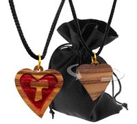 Lunexus Collana con ciondolo a forma di cuore in legno d'ulivo, a forma di croce rossa, realizzata a mano in Betlemme, con cordoncino da 50 cm, colore marrone naturale, anello dorato, ca. 2,5 x 2,3 cm
