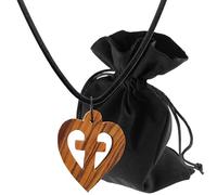 Lunexus Collana con ciondolo a forma di cuore in legno d'ulivo con croce intagliata a mano in Betlemme, con cordoncino da 80 cm, colore marrone naturale, circa 3,5 x 2,8 cm, con sacchetto di velluto e