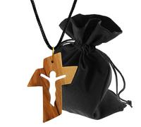 Lunexus Collana in legno d'ulivo a forma di croce con figura di Cristo - realizzata a mano - Ciondolo cristiano benedetto con certificato - simbolo sacrificio redenzione fede con nastro da 80 cm e