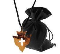 Lunexus Collana in legno d'ulivo con croce - realizzata a mano in Betlemme - Benedetto con certificato - Ciondolo cristiano con nastro da 80 cm e sacchetto di velluto - simbolo della pace spirito