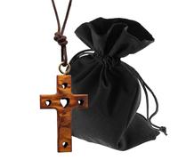 Lunexus Collana in legno d'ulivo con simbolo di cuore, realizzata a mano, ciondolo cristiano benedetto con certificato, cordoncino con tre nodi, trinità, con nastro da 80 cm e sacchetto di velluto