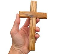Lunexus Croce da parete in legno d'ulivo, realizzata a mano, in Betlemme, 16 x 9 cm, con certificato di montaggio, con croce cattolica, naturale, croce in legno cristiana, per battesimo, comunione