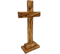 Lunexus Croce in legno d'ulivo, 18,5 cm, realizzata a mano in Betlemme, benedetta con certificato di consacrazione, croce da tavolo con supporto, regalo per battesimo, comunione, cresima, decorazione
