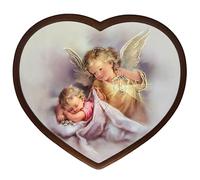 Lunexus Cuore angelo custode con bambino - Quadro da parete in legno benedetto 15,5 × 14 cm - Angelo sveglia sul bambino addormentato realizzato a mano in Germania con decorazione in oro e certificato