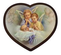 Lunexus Immagine con angelo custode a forma di cuore, 14 x 15,5 cm, tre angeli pregano il bambino addormentato, in legno con contorni dorati e certificato, battesimo, nascita, sponsorizzazione