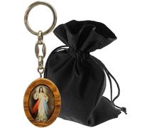 Lunexus Portachiavi con immagine di Gesù misericordioso - legno d'ulivo - benedetto - immagine cristiana - regalo per cristiani e pellegrini - decorazione religiosa per auto, comunione e cresima,