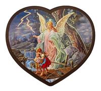 Lunexus Quadro con angelo custode a forma di cuore, 14 x 15,5 cm, motivo: angelo che porta due bambini sopra il ponte nel temporale, con cornice in legno massiccio, contorni dorati e certificati