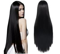 Lunga parrucca nera, parrucca extra lunga dritta con pila, ideale per coaplay, festa, abbigliamento quotidiano ..