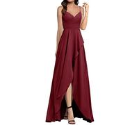 Lungo scollo a V abiti da damigella d'onore chiffon increspato spaghetti cinghie abito da sera formale per le donne, Rosso scuro, 40