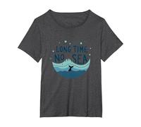 Lungo Tempo Senza Mare: giocosa Avventura Balena oceanica Maglietta, Donna Plus-Size, Grigio Scuro, 3X