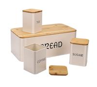 Luocute Cassetta per Pane con Coperchio in Legno e Set di Contenitori per | Airtight Bread Bin with Cutting Board Lid, 3 Coffee Tea Sugar Containers, Farmhouse Kitchen Counter Organizer Set