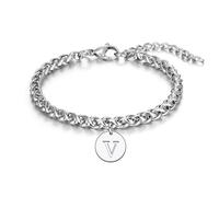 LUODAN Regalo Donna Uomo Bracciale, Argento A-Z 26 Lettera Iniziale Ciondolo Bracciale Regali Sorelle Amicizia Collega Papà Madrina Padrino, Idee Regalo Migliore Amico Compleanno (V)