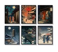 Set di 6 stampe artistiche da parete giapponesi con paesaggi giapponesi, decorazione da parete vintage, dipinti Ukiyoe estetici asiatici retrò, immagine Fuji, pittura artistica su tela per soggiorno,