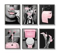 Luodroduo Set di 6 stampe artistiche da parete alla moda per il bagno, in tessuto rosa glitterato, per foto e bagno, in bianco e nero, per donne moderne e divertenti, 20,3 x 25,4 cm, senza cornice