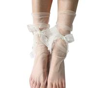 LUOFENG Calzini da donna, ultra sottili, velati, alla caviglia, con fiocco e perle, calze in tulle