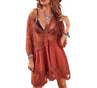 Luojida Copricostume Donna Mare Sexy in Pizzo Vestito Estivo Scollo a V Prendisole Costumi da Bagno Donna Curvy Bikini Copri Costume da Spiaggia Mini Abiti (Taglia Unica, Rosso)