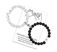 LUOKIFUR Bracciale in pietra vulcanica in bianco e nero con perline in acciaio al titanio con magnete lunare Bracciale per coppie Braccialetto fatto a mano con perline regalo (Black-White(SM))
