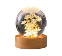 luolety Lampada notturna con sfera di cristallo a forma di fiore, lampada a sfera in vetro da 6 cm con base in legno con luce a LED per campioni di fiori con ricarica USB (margherita gialla)