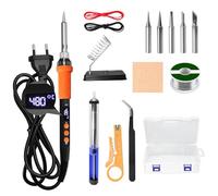 LUOLNK - Set saldatore 90 W con display LCD, riscaldamento rapido 10s, regolazione digitale 180°C-480°C, set completo 15 in 1 con 5 punte, filo di saldatura da 50 g, pompa di saldatura e supporto per