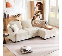 Luonians Divano ad angolo a L con caricatore USB, porta bicchieri, supporto per cellulare, bracciolo e 2 cuscini, divano a 3 posti con poggiapiedi (B-Beige+Velluto a coste+4 sed)