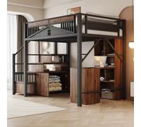 Luonians Letto a soppalco 140 x 200 cm, letto rialzato in metallo, barriera di sicurezza singola con finestra, scala di sicurezza con armadietto, nero (materasso non incluso)