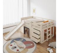 Luonians Letto a soppalco per bambini basso 140 x 200 con scivoli, letto a castello per bambini con tre cassetti e due porte, letto per bambini con barriera, colore crema