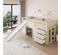 Luonians Letto a soppalco per bambini basso 90 x 200 con scivoli, letto a castello per bambini con tre cassetti e due porte, letto per bambini con barriera, colore crema