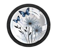 Luoweisi 4 pomelli rotondi in legno per armadietti con farfalla blu e margherita, pomelli rotondi per cassettiera, maniglie per comò a foro singolo, per cucina, decorazione domestica, armadio, armadio