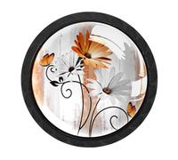 Luoweisi 4 pomelli rotondi in legno per armadietti con margherita arancione e farfalla in stile country, pomelli rotondi per cassettiera, maniglie per comò a foro singolo, per cucina, decorazione