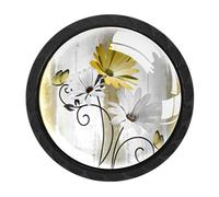 Luoweisi 4 pomelli rotondi in legno per armadietti, con margherita gialla e farfalla in stile country, pomelli rotondi per cassettiera, maniglie per comò a foro singolo, per cucina, decorazione