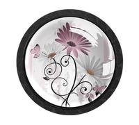 Luoweisi 4 pomelli rotondi in legno per armadietti con margherita rosa e farfalla in stile rustico, pomelli rotondi per cassettiera, maniglie per comò a foro singolo, per cucina, decorazione domestica