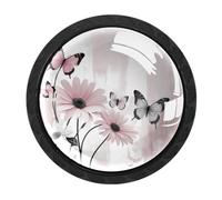 Luoweisi 4 pomelli rotondi in legno per armadietti e cassettiere, con margherita rosa, a forma di farfalla, per cucina, decorazione della casa, armadio, armadio