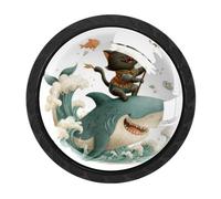 Luoweisi 4 pomelli rotondi per armadietti a forma di gatto con freccia a tridente che cavalca uno squalo, pomelli rotondi per cassettiera, maniglie per comò a foro singolo, per decorare la casa della