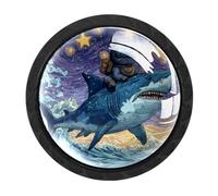 Luoweisi 4 pomelli rotondi per armadietti a forma di gatto spaziale che cavalca uno squalo, pomelli rotondi per cassettiera, maniglie per comò a foro singolo, per cucina, decorazione domestica