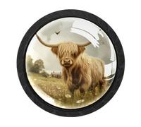 Luoweisi 4 pomelli rotondi per armadietti con mucca delle Highland Daisy, pomelli rotondi per cassetti da 35 mm, maniglia per cassettiera, foro singolo, con viti, per armadi da cucina, bagno