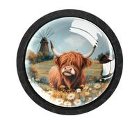 Luoweisi 4 pomelli rotondi per armadietti con mucca delle Highland Daisy, pomelli rotondi per cassetti da 35 mm, maniglia per cassettiera, foro singolo, con viti, per armadi da cucina, bagno