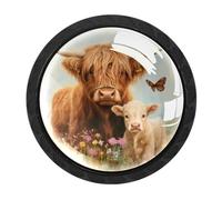 Luoweisi 4 pomelli rotondi per armadietti con mucca delle Highlands, pomelli rotondi per cassetti da 35 mm, maniglia per cassettiera, foro singolo, con viti, per armadi da cucina, bagno, decorazione