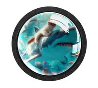 Luoweisi 4 pomelli rotondi per cassetti e cassettiere con gatto che cavalca lo squalo, maniglie per comò a foro singolo, per cucina, decorazione della casa, armadio, armadio