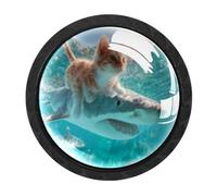 Luoweisi 4 pomelli rotondi per cassetti e cassettiere con gatto che cavalca lo squalo, maniglie per comò a foro singolo, per cucina, decorazione della casa, armadio, armadio