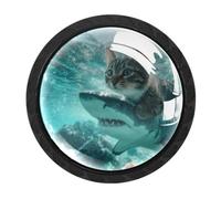 Luoweisi 4 pomelli rotondi per cassetti e cassettiere con gatto che cavalca lo squalo, maniglie per comò a foro singolo, per cucina, decorazione della casa, armadio, armadio