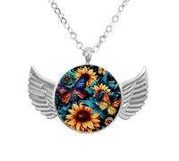 Luoweisi Collana con ciondolo a forma di ali d'angelo con girasoli e farfalle, in lega di zinco, gioiello regalo per uomo, Misura unica, lega di alluminio, Nessuna pietra preziosa
