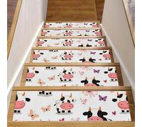 Luoweisi Tappetini antiscivolo per scale in legno, motivo mucche, farfalle, 76,2 x 20,3 cm, per interni, per cani, bambini, anziani, con adesivo riutilizzabile, confezione da 15