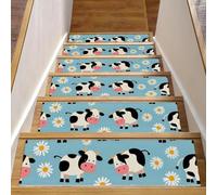 Luoweisi Tappetini antiscivolo per scale in legno, motivo mucche, margherite, per interni, per cani, bambini, anziani, con adesivo riutilizzabile, 76,2 x 20,3 cm, confezione da 15