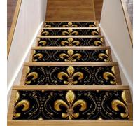 Luoweisi Tappetini per scale in legno con motivo giglio dorato, confezione da 15, 76,2 x 20,3 cm, antiscivolo, per interni, per cani, bambini, anziani, con adesivo riutilizzabile