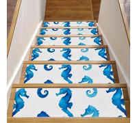 Luoweisi Tappetini per scale in legno, motivo cavalluccio marino, confezione da 15 pezzi, 76,2 x 20,3 cm, antiscivolo, per interni, per cani, bambini e anziani, con adesivo riutilizzabile
