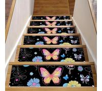 Luoweisi Tappetini per scale in legno, motivo farfalle arcobaleno, confezione da 15 pezzi, 76,2 x 20,3 cm, antiscivolo, per interni, per cani, bambini, anziani, con adesivo riutilizzabile