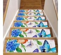 Luoweisi Tappetini per scale in legno, motivo farfalle e fiori, confezione da 15 pezzi, 76,2 x 20,3 cm, antiscivolo, per interni, per cani, bambini e anziani, con adesivo riutilizzabile